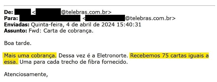 Email interno da Telebras sobre cobrança da Eletronorte, em abril deste ano