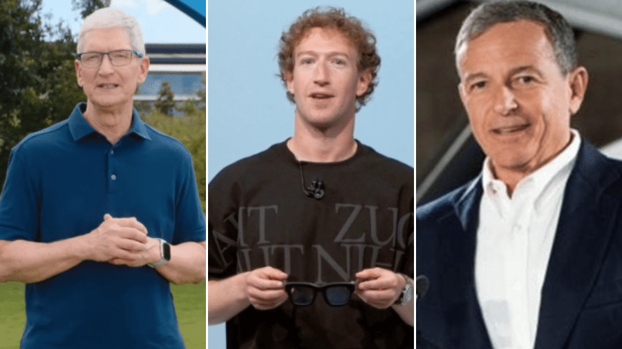 Tim Cook, Mark Zuckerberg e Bob Iger, CEOs da Apple, da Meta e da Disney, respectivamente