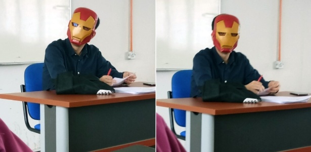 Professor usa máscara do Homem de Ferro para corrigir provas em frente aos alunos - Reprodução/Twitter@izynfrhn