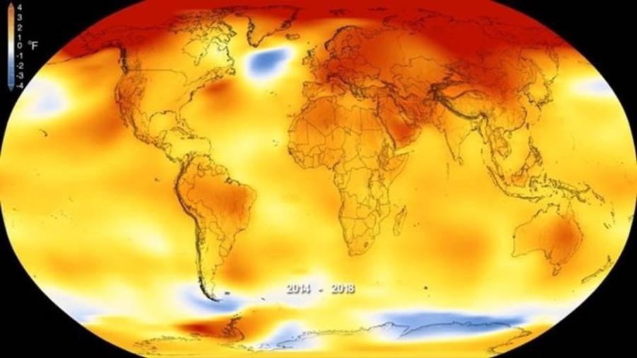 Gráfico da Nasa mostra anomalias na temperatura global entre 2014 e 2018 --as temperaturas superiores a tendências de longo prazo são mostradas em vermelho - Nasa/BBC