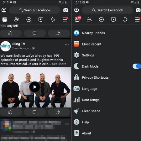 Opção troca o fundo branco do app por um cinza escuro, enquanto as letras, antes pretas, mudam para cinza claro - Reprodução/Facebook Lite