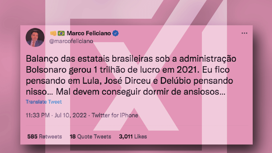 15.jul.2022 - É enganoso um tuíte do deputado federal Marco Feliciano (PL-SP) dizendo que as estatais brasileiras tiveram lucro de R$ 1 trilhão em 2021 - Projeto Comprova
