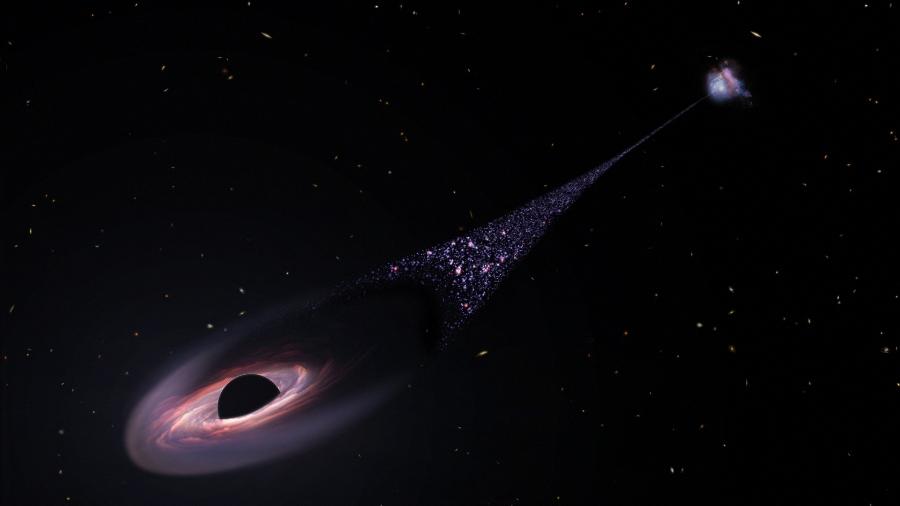 Ilustração mostra impressão artística de buraco negro ejetado de sua galáxia hospedeira, como resultado do embate entre ele e outros dois buracos negros - Divulgação/Nasa/ESA/AFP