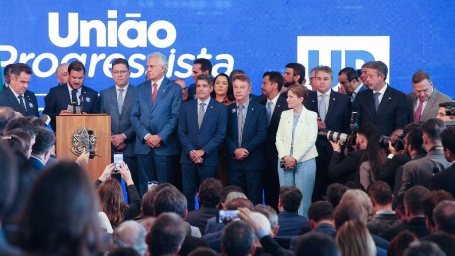 O presidente do União Brasil, Antonio Rueda, discursa em evento de lançamento da federação União Progressista, aliança entre União Brasil e PP O presidente do União Brasil, Antonio Rueda, discursa em evento de lançamento da federação União Progressista, aliança entre União Brasil e PP