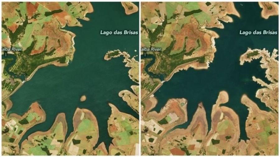 Comparação mostra impacto da seca no Lago das Brisas: imagem à esquerda foi registrada em 12 de junho de 2019 e imagem à direita, em 17 de junho deste ano - NASA