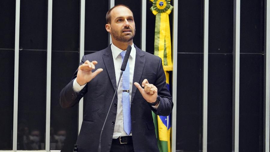 12.mai.2021 - O deputado federal Eduardo Bolsonaro (PSL-SP), durante sessão na Câmara - Pablo Valadares/Câmara dos Deputados
