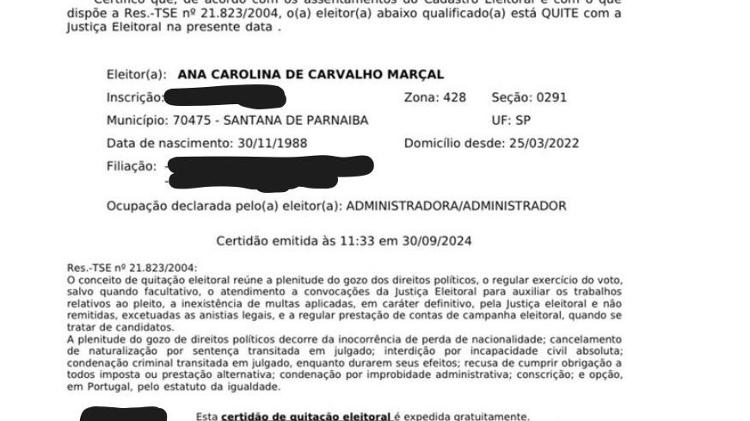 Certidão da Justiça eleitoral emitida pela coluna durante o debate