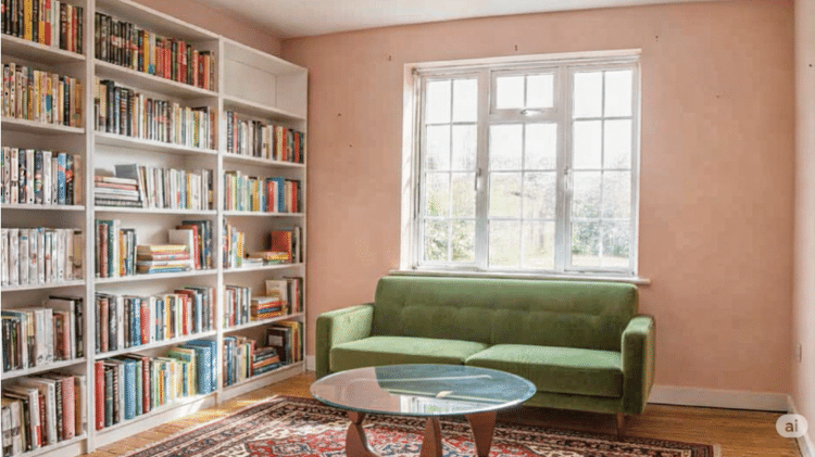 Ambiente modificado com IA do Google; era uma sala com paredes em branco, e foram executados comandos para mudar a cor da parede, incluir uma estante de livros, uma mesa de centro e um sofá verde Ambiente modificado com IA do Google; era uma sala com paredes em branco, e foram executados comandos para mudar a cor da parede, incluir uma estante de livros, uma mesa de centro e um sofá verde