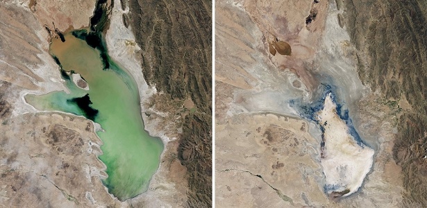 O lago Poopó fotografado de um satélite da NASA; a diferença entre uma foto e a outra é de 3 anos - Nasa via BBC