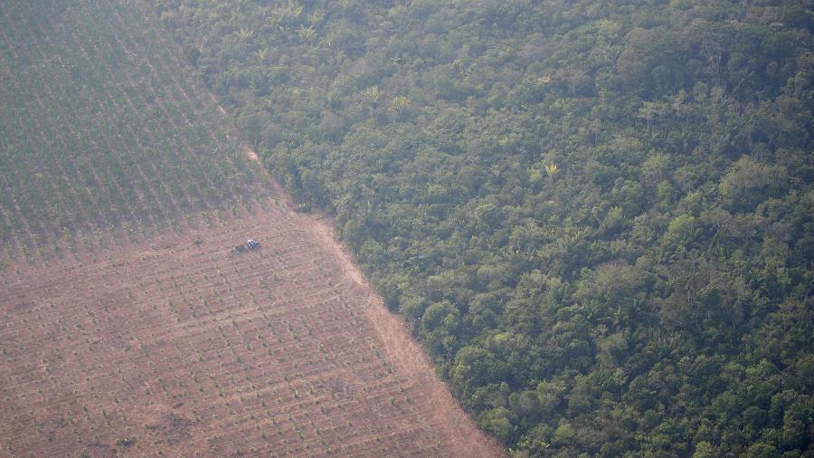 Imagem aérea do último dia 22 mostra trator em uma plantação ao lado de floresta perto de Porto Velho (RO); presidente da SRB não vê contradição entre preservar e aumentar produção - Ueslei Marcelino/Reuters