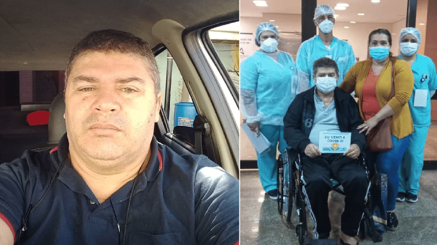 O motorista de Uber Nerivan Aguiar dirigindo seu carro (esq.) e ao deixar o hospital após internação por covid-19 - Arquivo pessoal