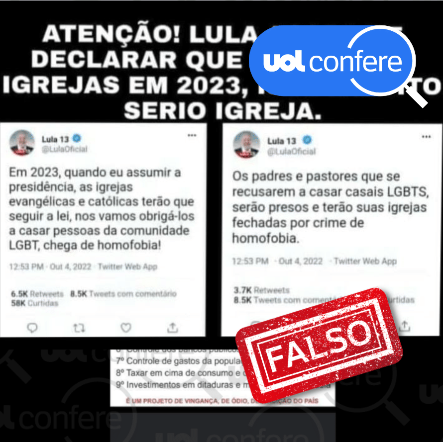 Lula não declarou no Twitter que vai prender padres e fechar igrejas