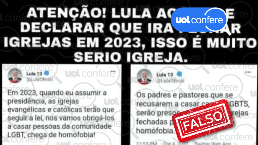 5.out.2022 - Entre as mentiras que circularam sobre Lula, está a falsa declaração de que fecharia igrejas se eleito - Arte/UOL sobre Reprodução