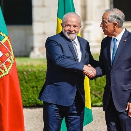 22.abr.23 - Lula é recebido pelo presidente de Portugal, Marcelo Rebelo de Sousa