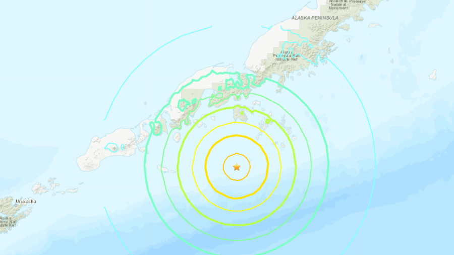 16.07.23 - Identificação do Serviço Geológico dos Estados Unidos (USGS) do epicentro do terremoto no Alasca