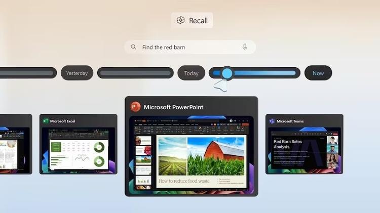 Recall é um recurso que permite buscar atividades passadas realizadas no PC; no exemplo, há uma busca por 'celeiro vermelho' e o sistema retorna uma imagem correspondente usada no Microsoft Power Point
