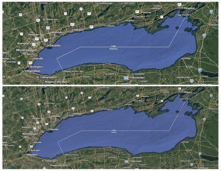 Acima, como as pessoas nos EUA visualizam o Lago América (Lake America) no Google Maps; abaixo, como os canadenses visualizam o Lago Ontário (Lake Ontario) Acima, como as pessoas nos EUA visualizam o Lago América (Lake America) no Google Maps; abaixo, como os canadenses visualizam o Lago Ontário (Lake Ontario)