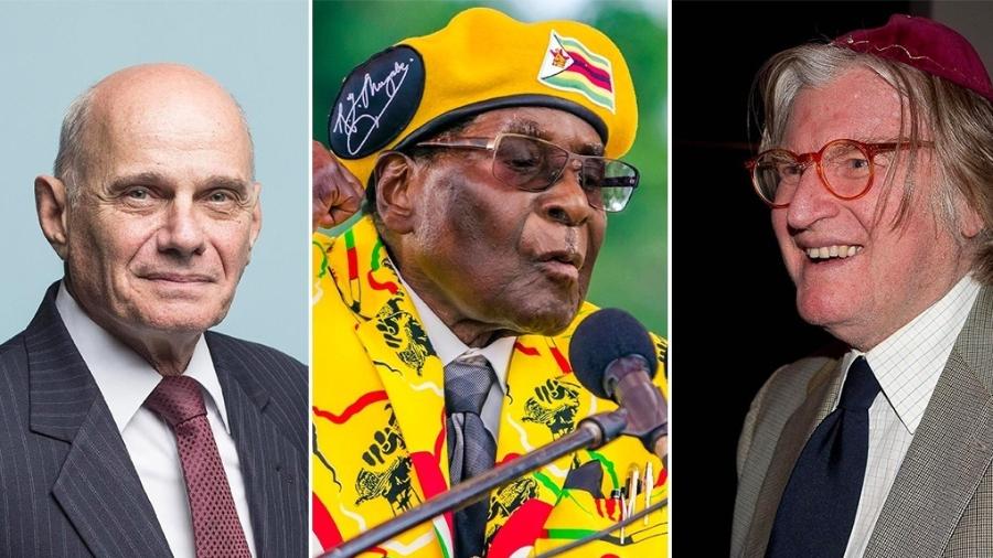 Da esquerda para a direita: o jornalista Ricardo Boechat, o ex-ditador Robert Mugabe e o rabino Henry Sobel - Arte/UOL