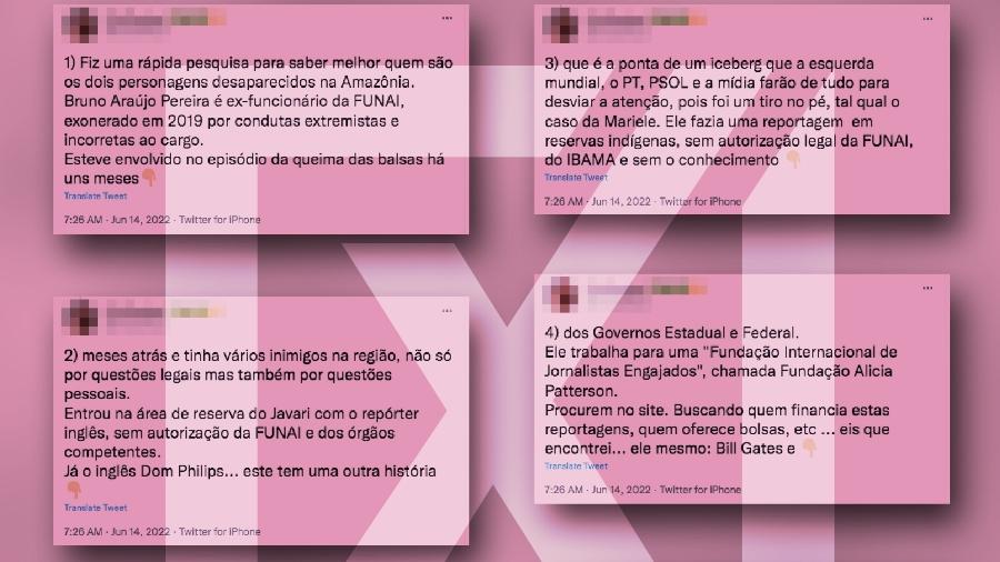 27.jun.2022 - É enganosa a sequência de tuítes que alega que Bruno Araújo Pereira e Dom Phillips estavam na Amazônia realizando atividades extremistas e ilegais - Projeto Comprova