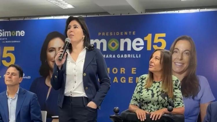 A senadora Simone Tebet (MDB), candidata à Presidência, e sua vice, senadora Mara Gabrilli (PSDB) - Reprodução - Reprodução