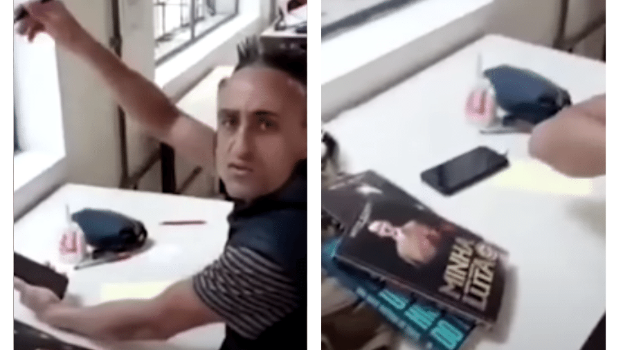 Homem que proferiu ofensas racistas e homofóbicas em biblioteca de São Paulo estava lendo um exemplar do livro de Hitler - Reprodução/Tiwtter/@ediannemariaMTST