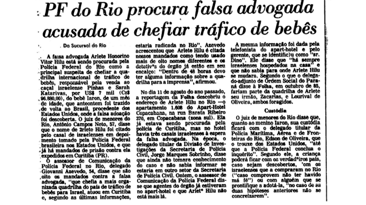 Recorte de jornal de abril de 1986 sobre as investigações em torno da quadrilha