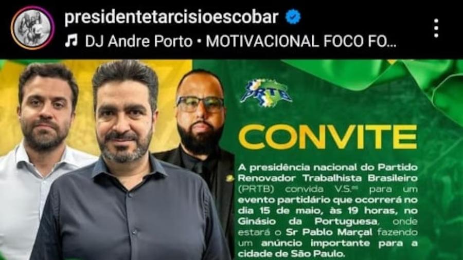 Pablo Marçal, Leonardo Avalanche e Tarcísio Escobar em convite para evento do PRTB 
