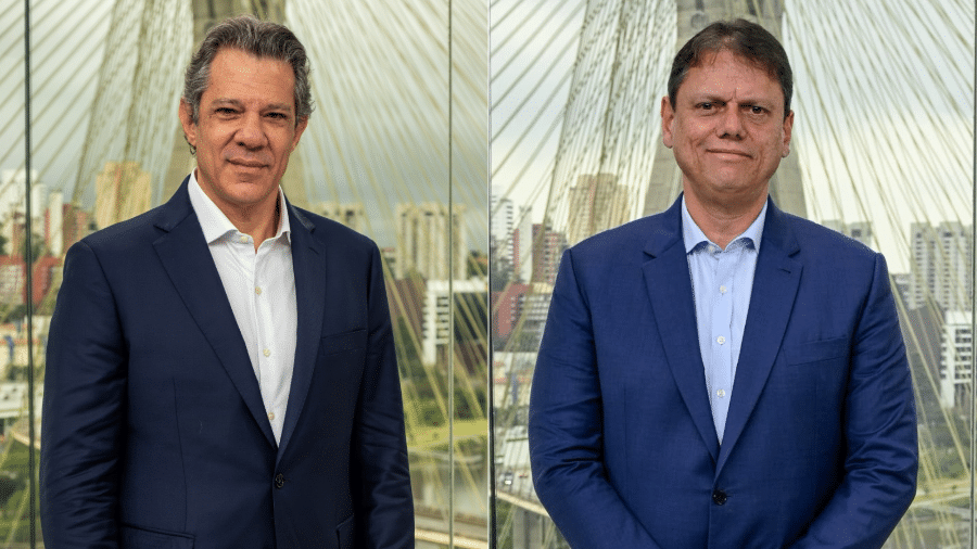 Fernando Haddad (PT) e Tarcisio de Freitas (Republicanos) no estúdio do 'SP1', da Globo