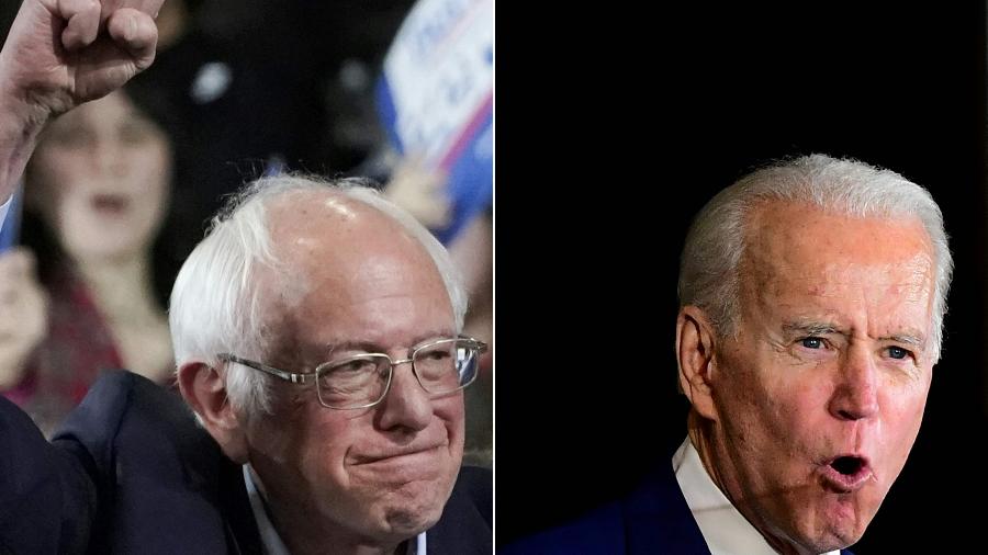 Os pré-candidatos democratas Bernie Sanders (à esq.) e Joe Biden - TIMOTHY A. CLARY / AFP
