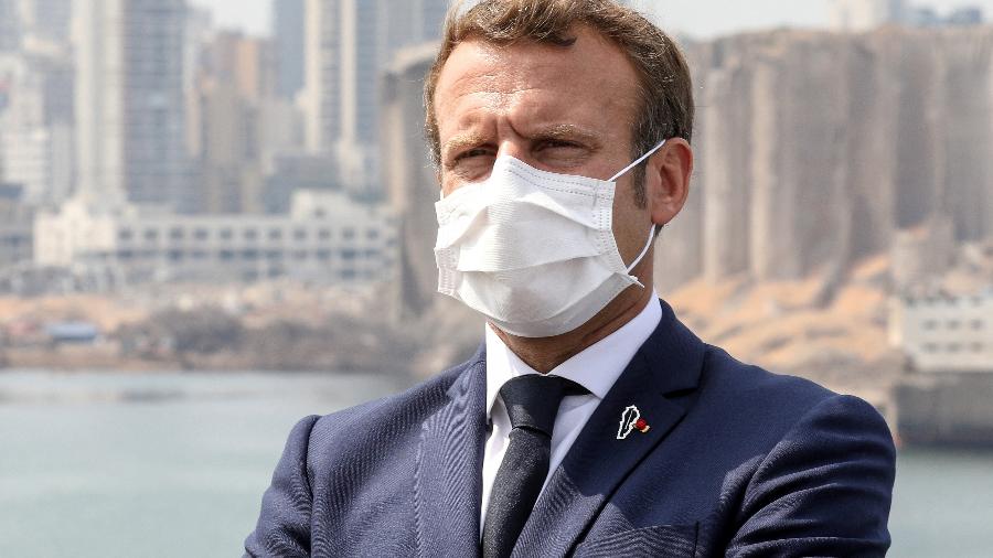 Presidente da França, Emmanuel Macron, durante visita à área portuária de Beirute, no Líbano - 