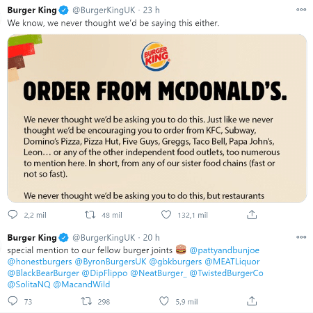 "Peça do McDonald"s", diz o comunicado do Burger King, que pede união e apoio a restaurantes na pandemia - Reprodução/Twitter