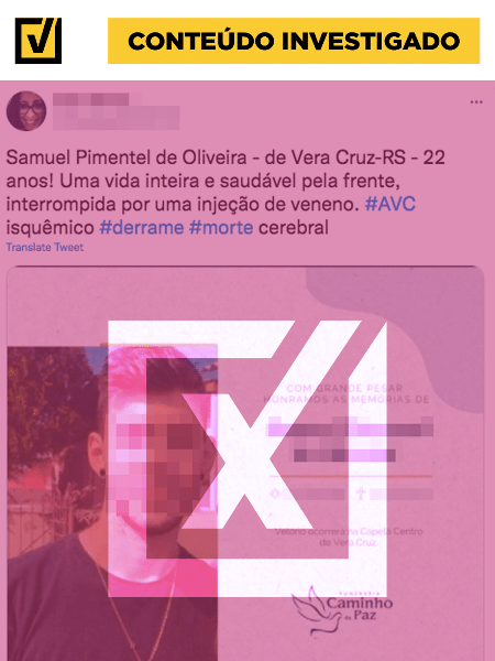 É falso que a morte de jovem de 22 anos em Vera Cruz, no Rio Grande do Sul, tenha relação com a vacina contra a covid-19 - Reprodução / Projeto Comprova / Twitter