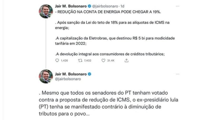 Com inflação em alta, Bolsonaro tenta reduzir preços com cortes de impostos - REPRODUÇÃO TWITTER
