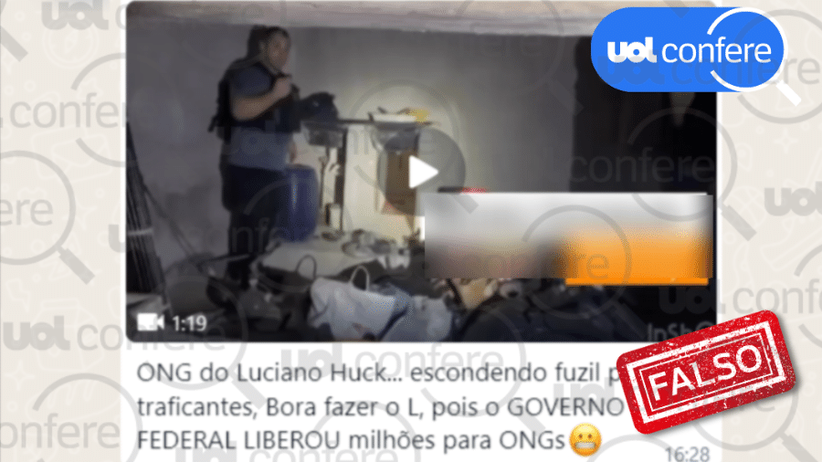 22.mai.2023 - ONG em Parada de Lucas não tem relação com o apresentador; instituição de Huck tem sede em São Paulo - Arte/UOL sobre Reprodução WhatsApp
