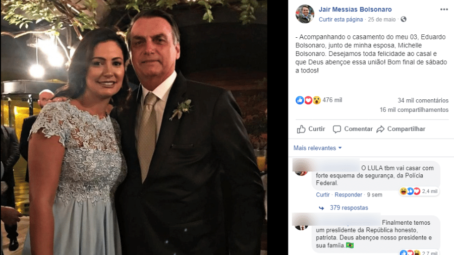 2.ago.2019 - O presidente Jair Bolsonaro (PSL) e a primeira-dama, Michelle Bolsonaro, na foto mais curtida do Facebook do presidente entre janeiro e julho deste ano - Reprodução/Facebook Jair Bolsonaro