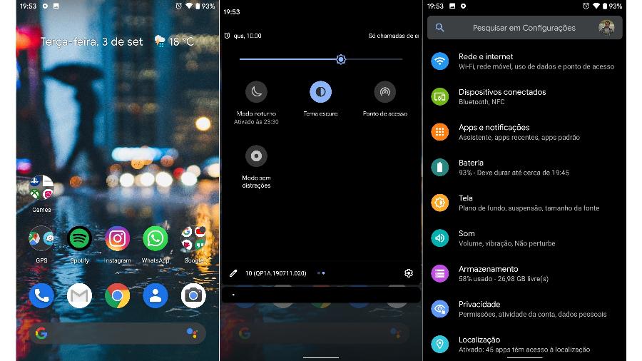 Android 10: modo escuro e botão do modo "sem distrações" (centro) - Reprodução