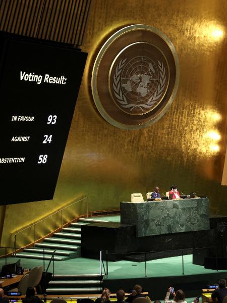 7.abr.2022 - Painel mostra o placar da votação que determinou a suspensão da Rússia do Conselho de Direitos Humanos da ONU - Andrew Kelly/Reuters