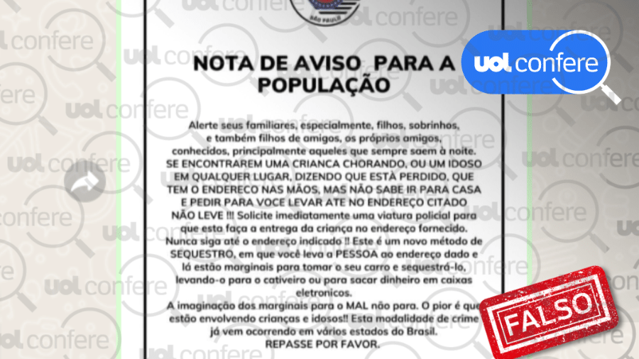 17.fev.2023 - Aviso falso da PM-SP sobre novo sequestro, com uso de crianças e idosos para atrair vítimas, começou a circular em março de 2022 e foi desmentido pela própria corporação - Arte/UOL Confere sobre Reprodução/WhatsApp