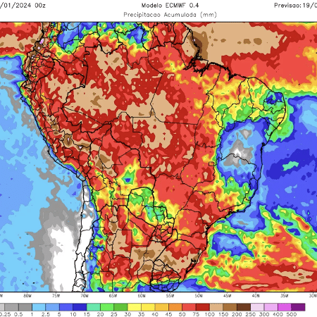 Previsão de chuvas para o Brasil até 19/01/2024