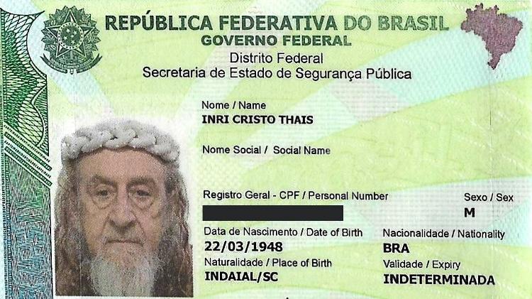 Novo documento de identificação do religioso que agora se chama oficialmente Inri Cristo Thais; antes, ele se chamava Álvaro Thais Novo documento de identificação do religioso que agora se chama oficialmente Inri Cristo Thais; antes, ele se chamava Álvaro Thais