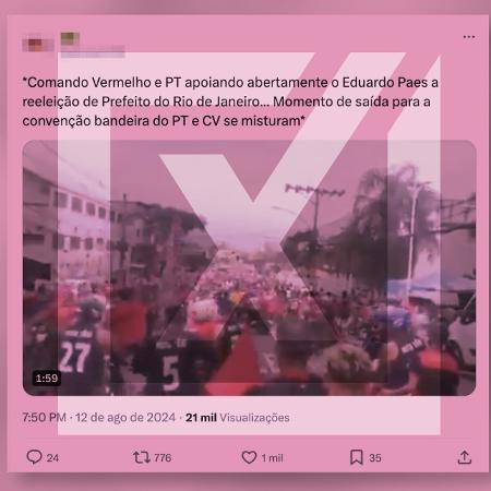 19.ago.2024 - Post mente ao afirmar que vídeo de comício no Complexo do Alemão é uma manifestação conjunta entre o Comando Vermelho (CV) e o PT para apoiar o candidato Eduardo Paes à Prefeitura do Rio de Janeiro nas eleições de 2024.