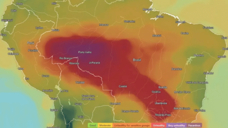 Incêndios e fumaça derrubaram a qualidade do ar em boa parte do Brasil no último domingo (25). O pior índice foi registrado em Rondônia