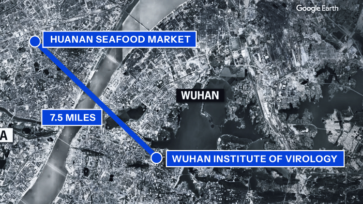 Mapa publicado no site da Casa Branca mostra distância entre laboratório e mercado em Wuhan Mapa publicado no site da Casa Branca mostra distância entre laboratório e mercado em Wuhan