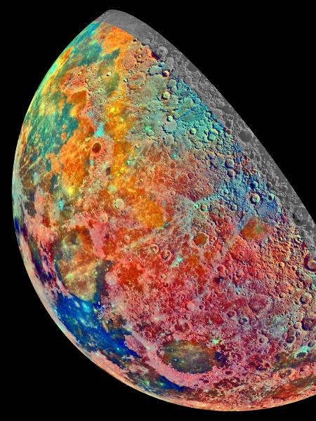 Mosaico com cores falsas da Lua feito com captações feitas pela sonda Galileo