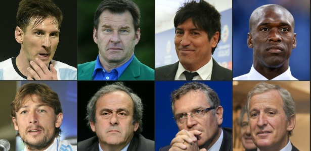 Da esquerda para a direita: Messi, o golfista Nick Faldo, o ex-atacante Zamorano, o técnico Seedorf, o lateral Heinze, Michel Platini, Jerome Valcke e Juan Pedro Damiani - 