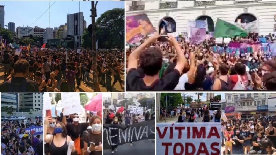 Mulheres protestam país afora contra a cultura do estupro e cobram justiça para Mariana Ferrer: a partir da direita, São Paulo, Rio (no alto), Fortaleza, Belém, Belo Horizonte e Campinas - Reprodução/Twitter- The Intercept Brasil