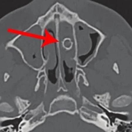  Tomografia computadorizada do nariz do adolescente mostra a bala de espingarda na cavidade nasal - Divulgação/JAMA Otolaryngology - Divulgação/JAMA Otolaryngology