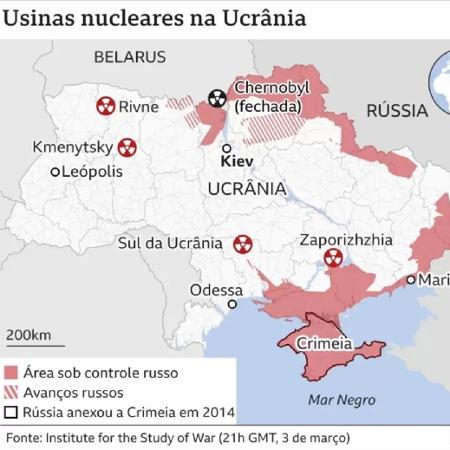 Map shows where Ukraine's nuclear power plants are - Reproduction/BBC News - Reproduction/BBC News