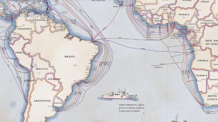 Mapa mostra cabos submarinos na costa do Brasil
