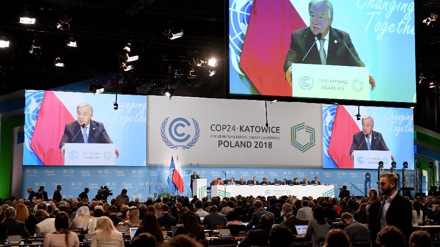 Secretário-geral da ONU, Antonio Guterres, discursa na abertura da COP-24 em Katowice, na Polônia - Janek Skarzynski/AFP